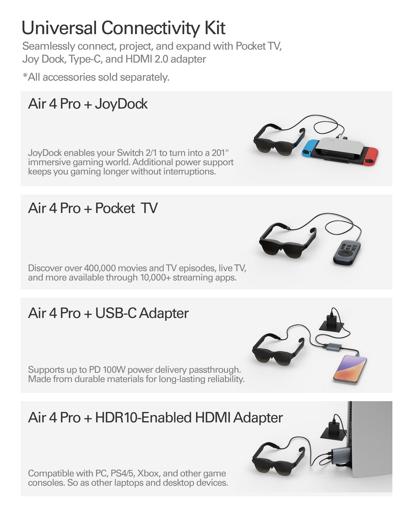 RayNeo Air 4 Pro AR glasses, 201" HDR display, B&O audio, 3D movies & gaming for iPhone, Android, consoles.
