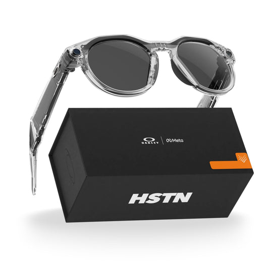 Oakley Meta HSTN smart glasses with camera, audio, 3K video, 8h battery, sport design.