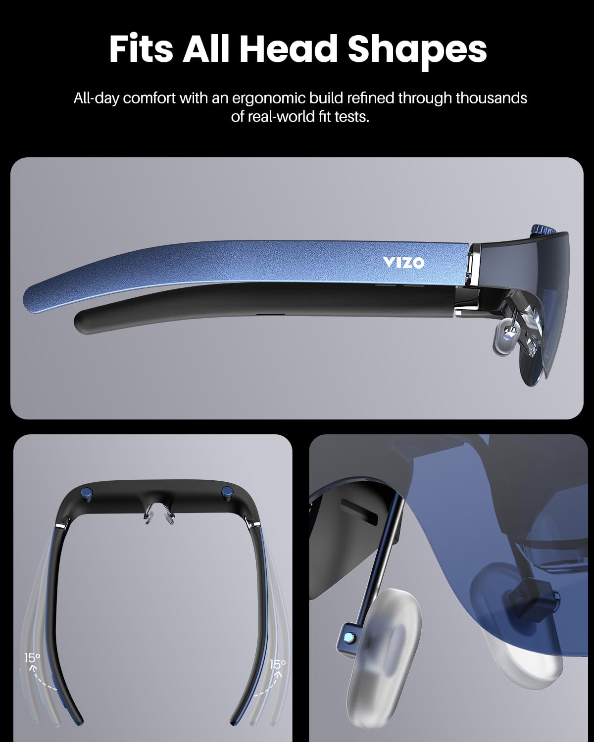 TOZO VIZO V1 AR glasses, bright display, stereo speakers, myopia adjustment, 2D/3D modes.