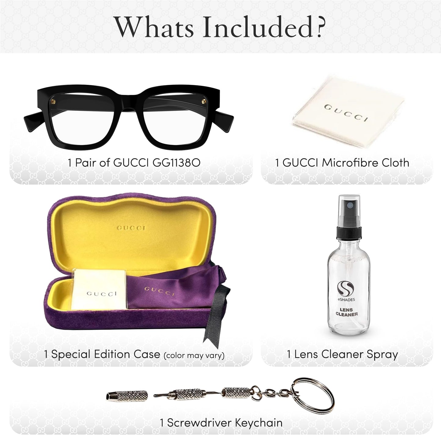 Gucci GG1138O Square Designer Eyeglasses Black Luxury Frame with AR Coating Prescription Ready