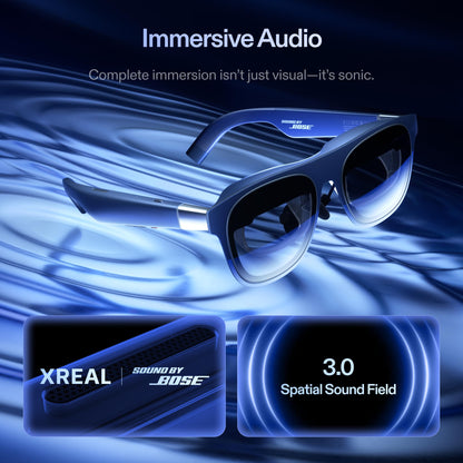 XREAL 1S AR glasses with 500" virtual screen, 3DoF, 52° FOV, supports USB-C devices like iPhone & handhelds.